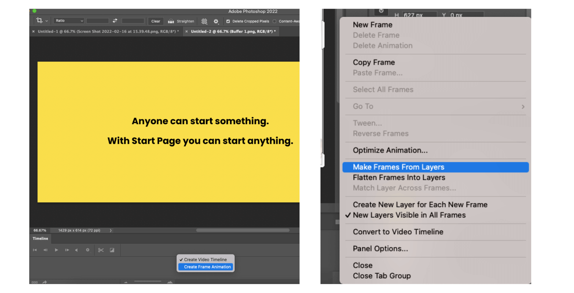Screenshot of Adobe Photoshop using frames to make a GIF
